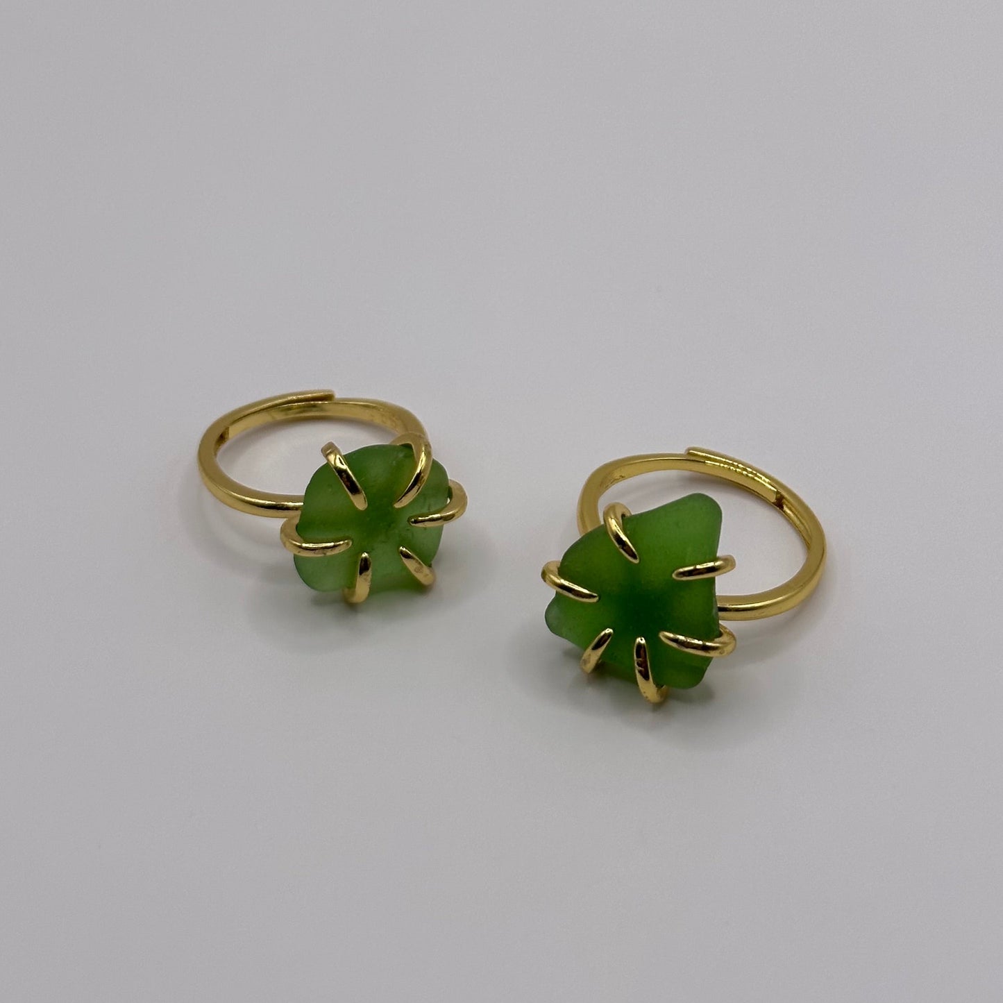 Adjustable 18K Gold Plated Green Seaglass Rings