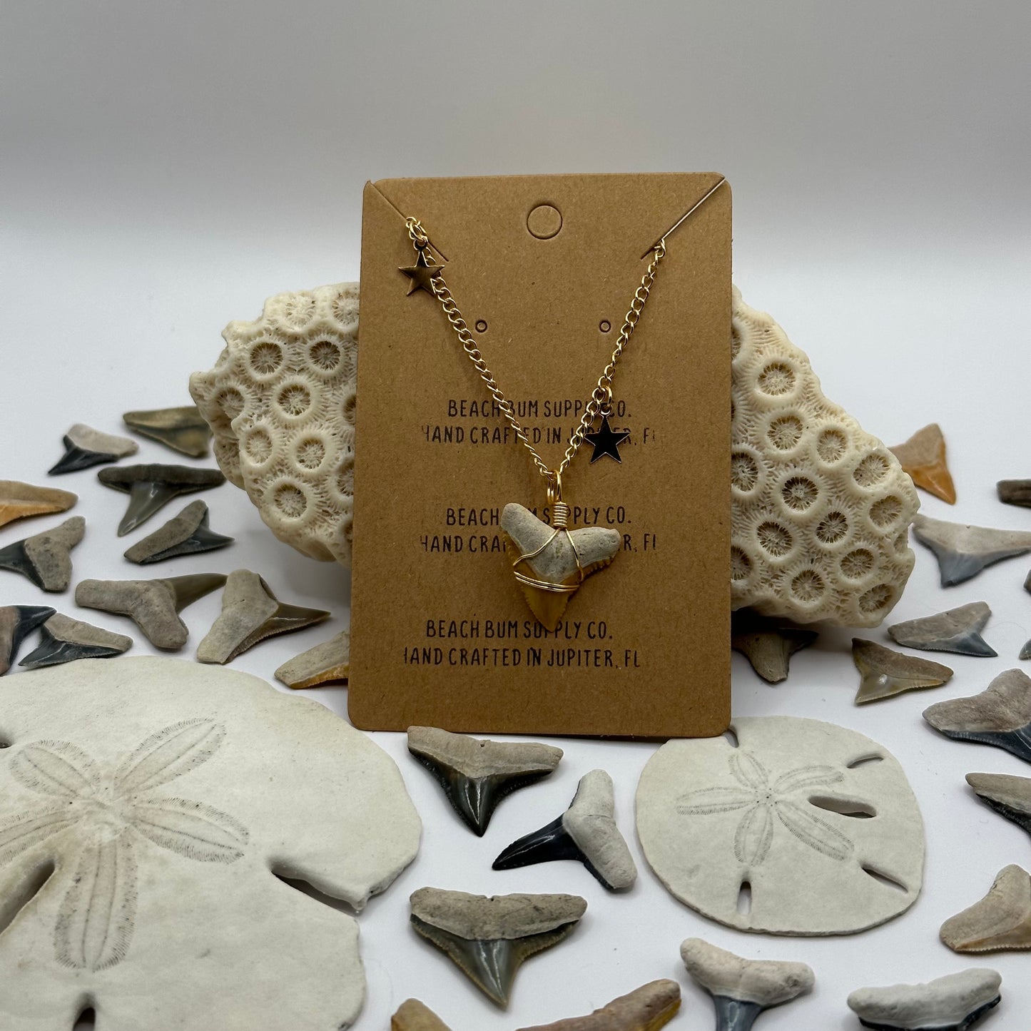 Shark Tooth on Gold Stars and Moons Chain Necklace