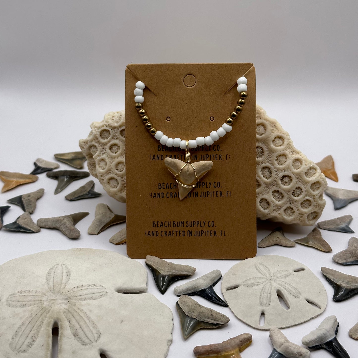 Shark Tooth on White and Gold Beaded Necklace