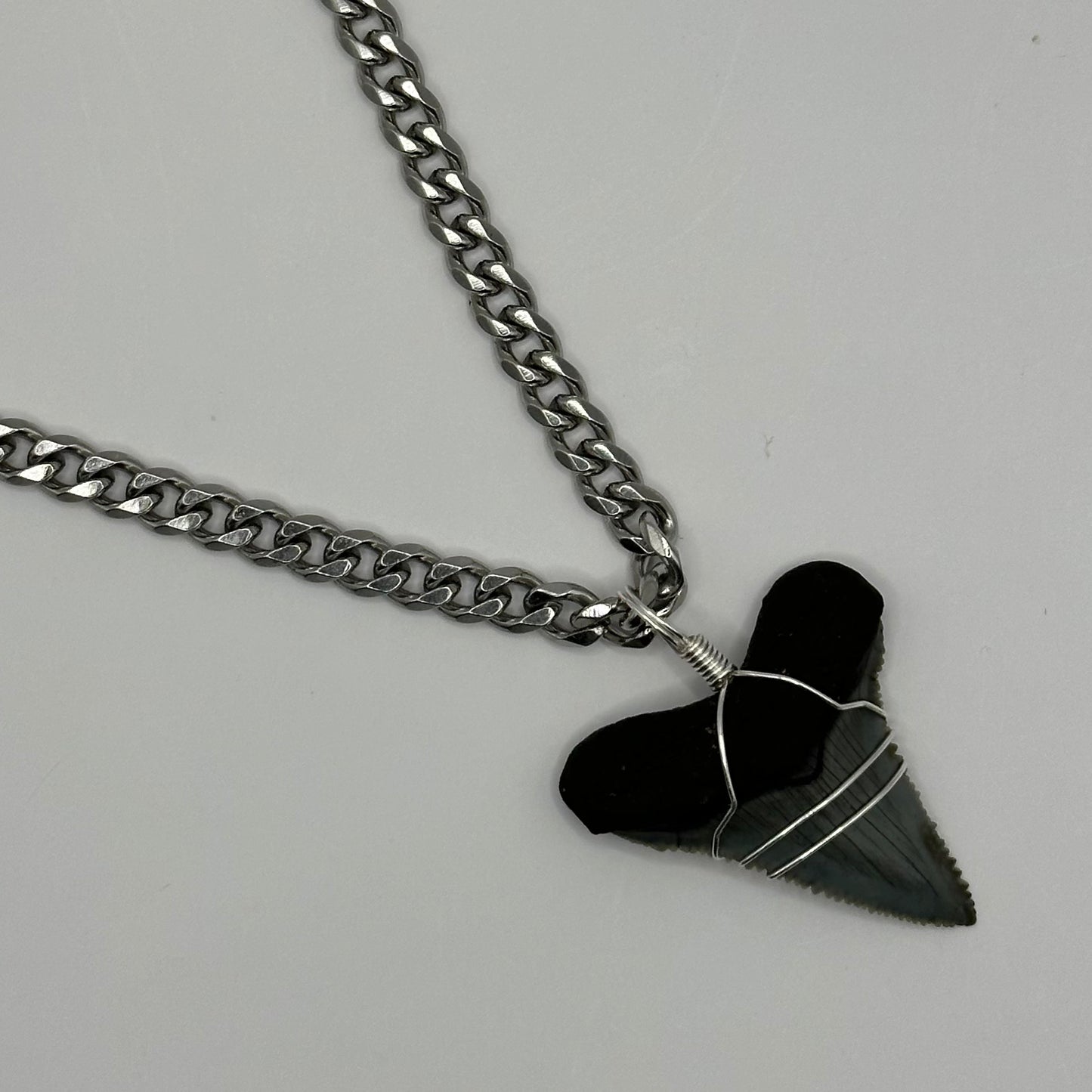 Shark Tooth on Silver Cuban Curb Chain Necklace