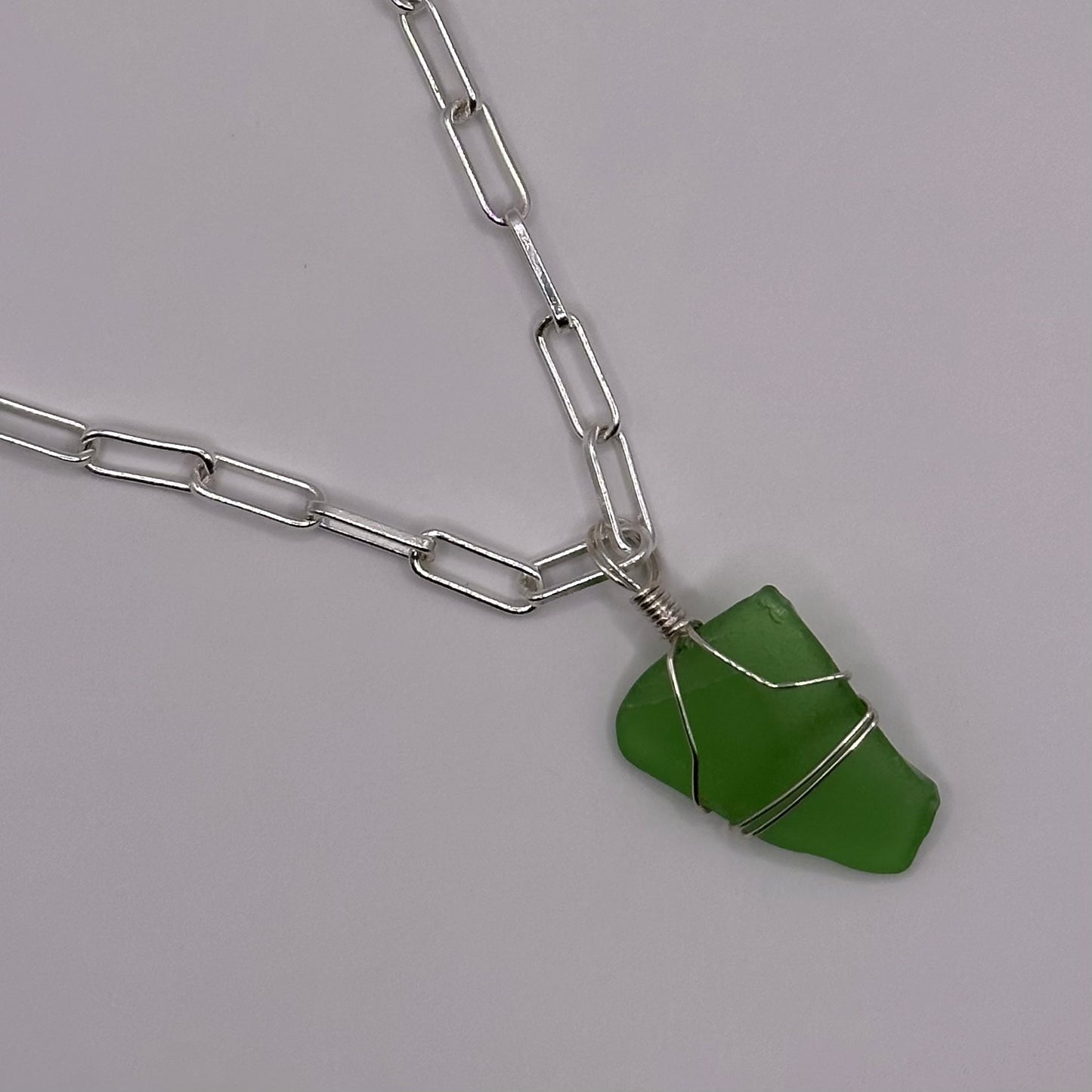 Green Seaglass on Silver Oval Link Chain Necklace