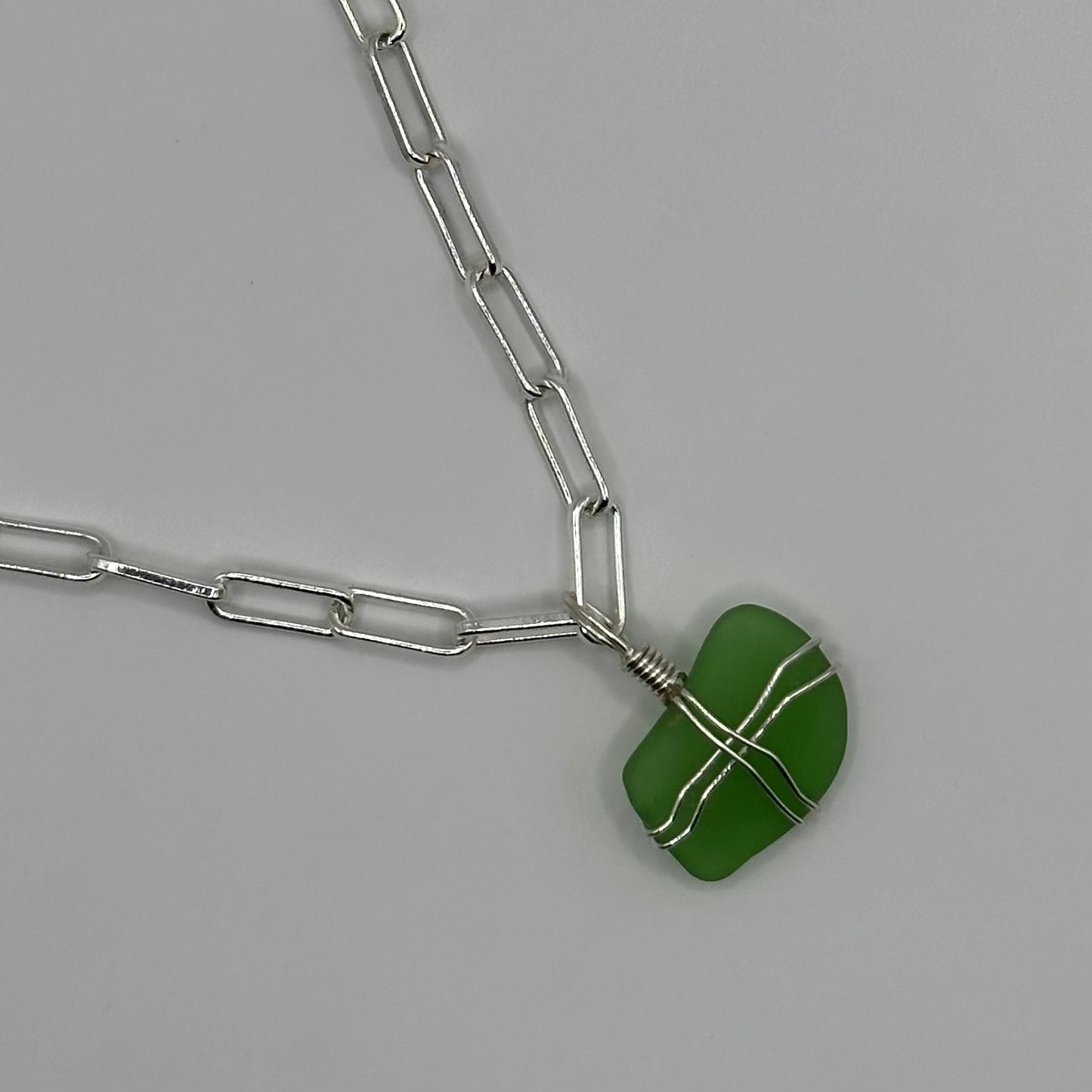 Green Seaglass on Silver Oval Link Chain Necklace