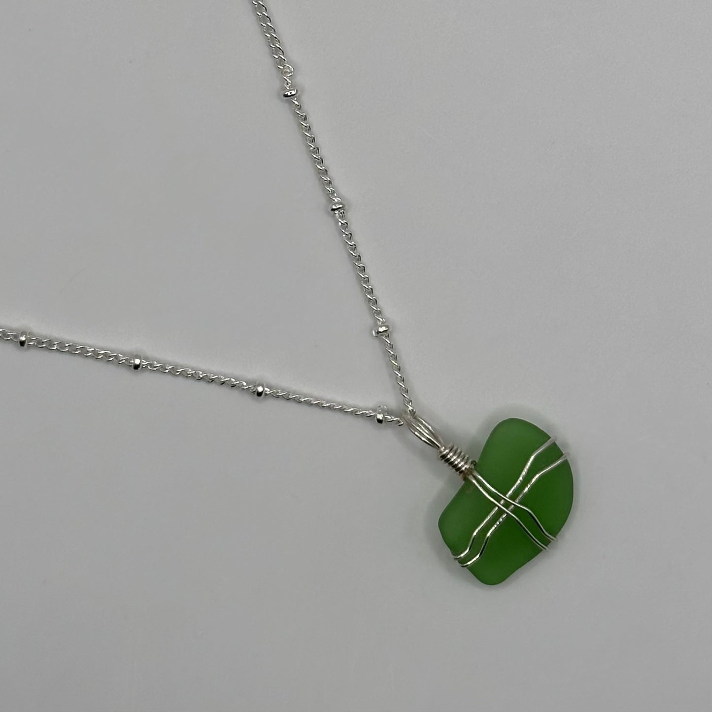 Green Seaglass on Silver Dot Link Chain Necklace