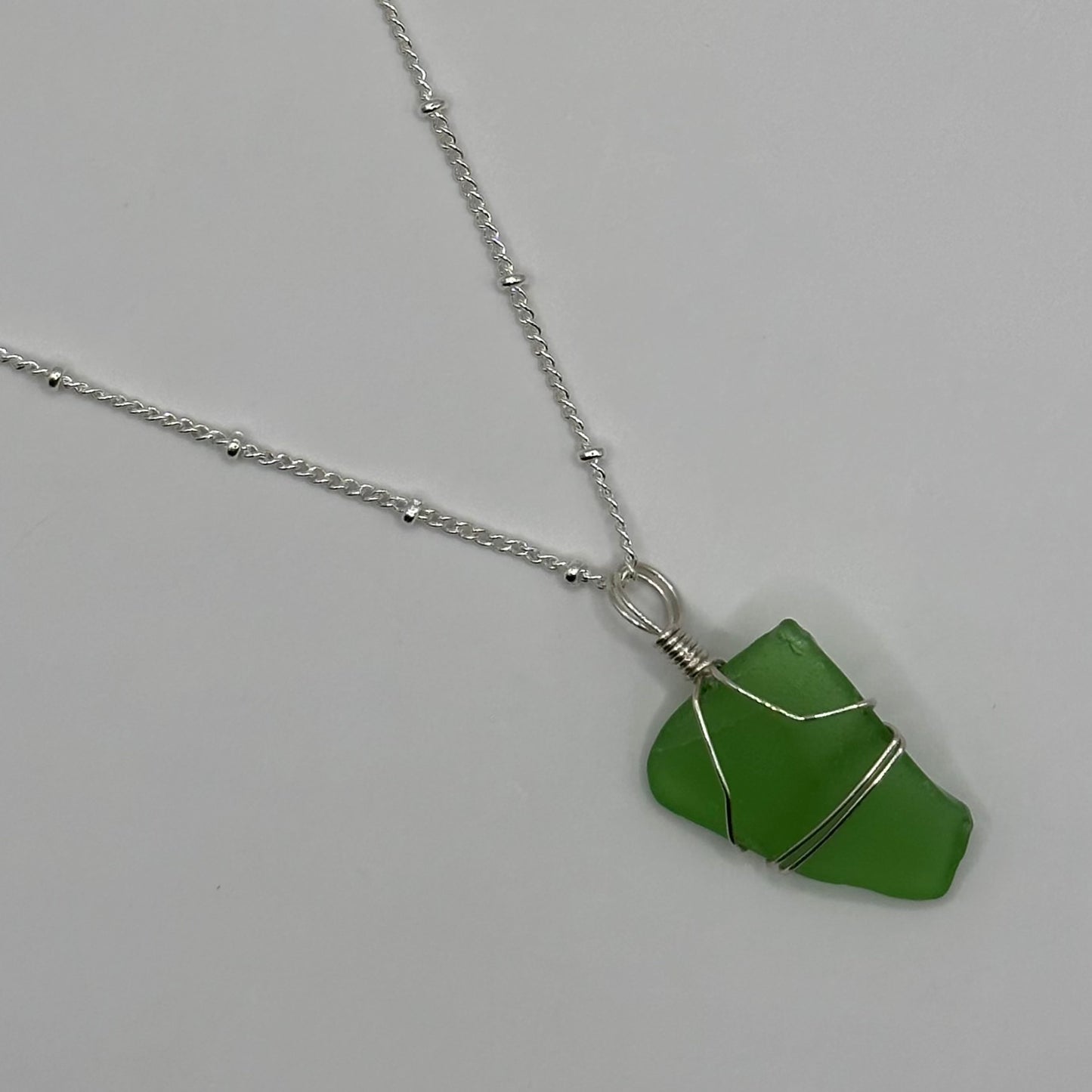 Green Seaglass on Silver Dot Link Chain Necklace