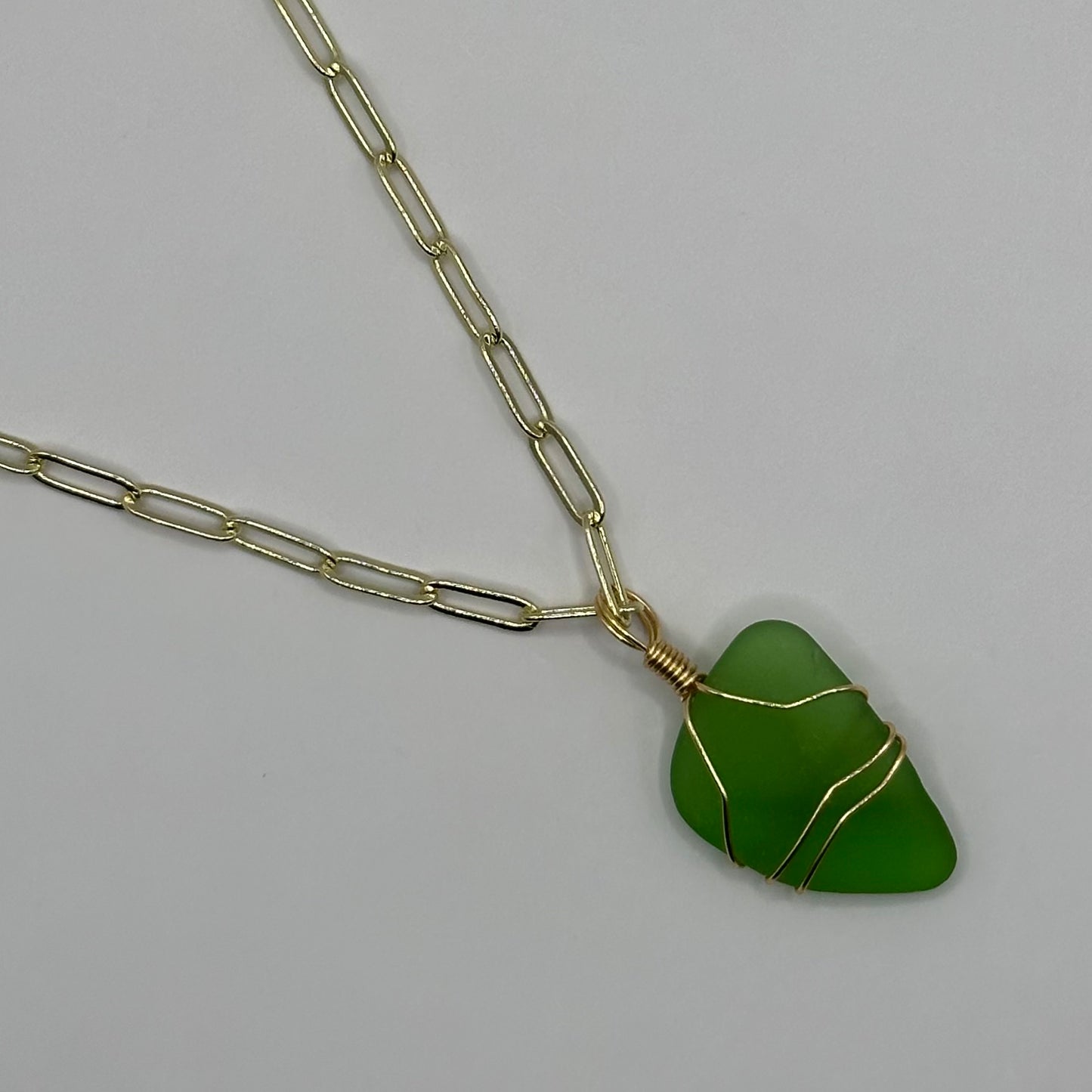 Green Seaglass on Gold Oval Link Chain Necklace