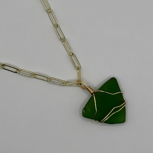 Green Seaglass on Gold Oval Link Chain Necklace