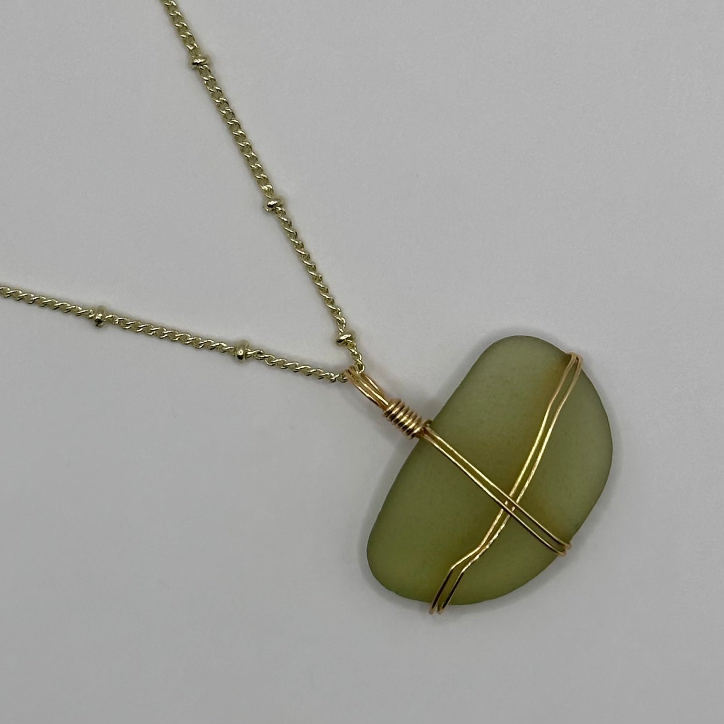 Green Seaglass on Gold Dot Link Chain Necklace