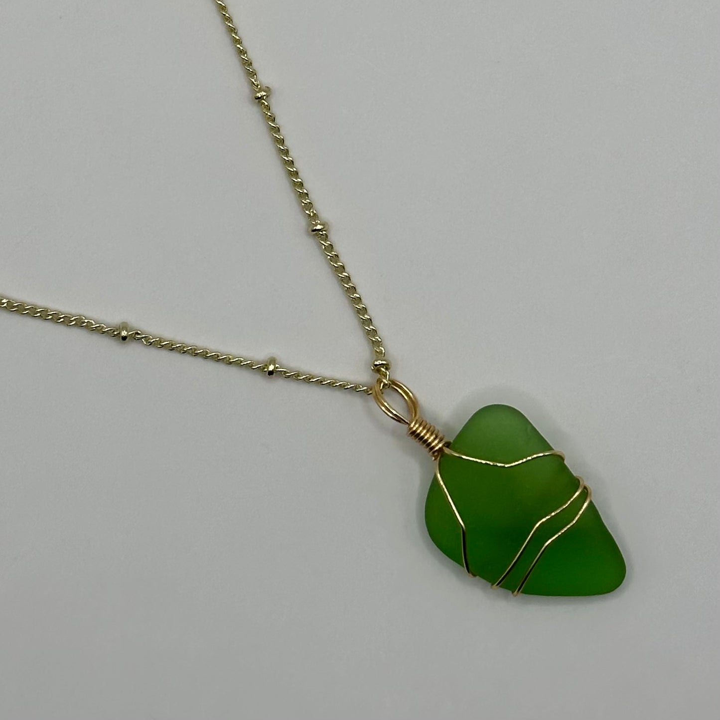 Green Seaglass on Gold Dot Link Chain Necklace