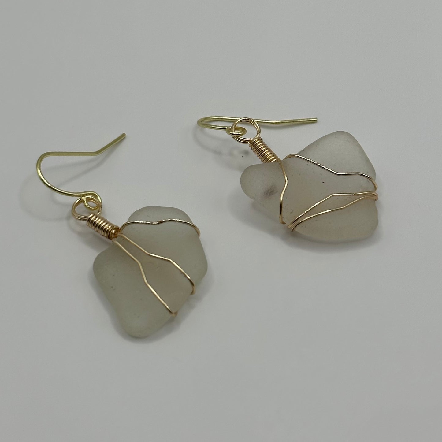 Seaglass Dangling Earrings wrapped in gold