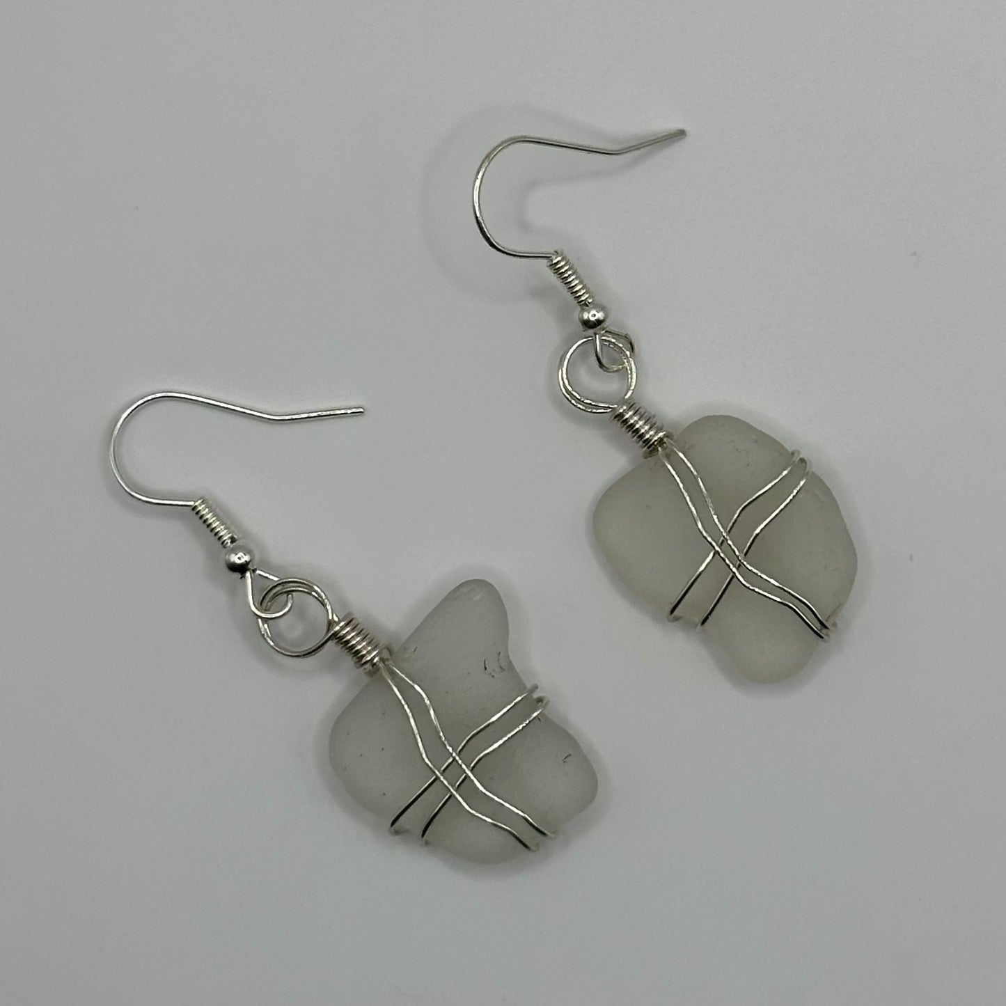 Seaglass Dangling Earrings wrapped in Silver