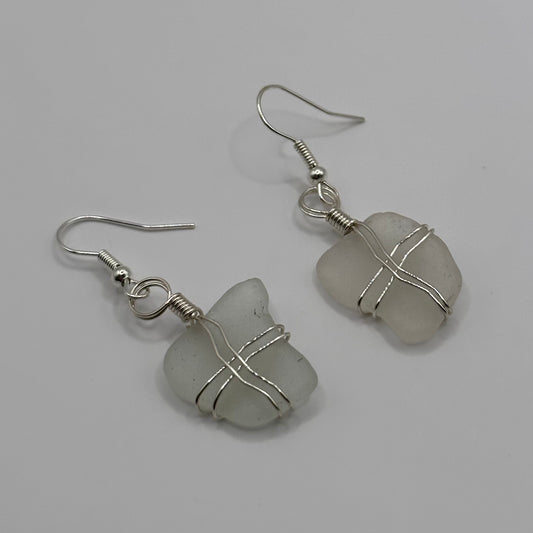 Seaglass Dangling Earrings wrapped in Silver