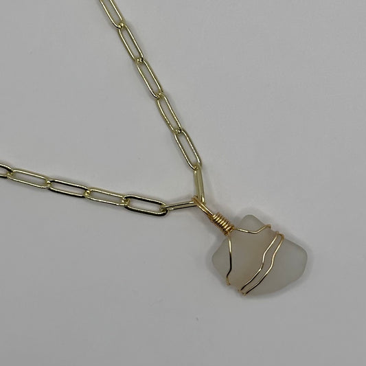 Clear Seaglass on Gold Oval Link Chain Necklace