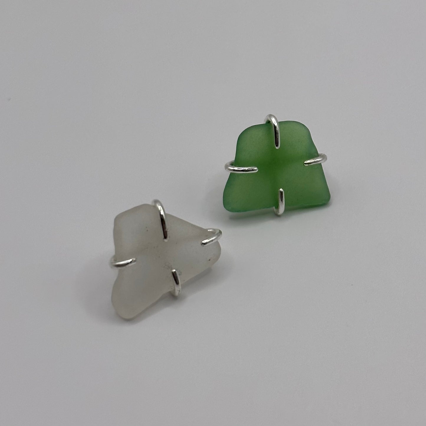 Sterling Silver Green / Clear Seaglass Studded Earrings