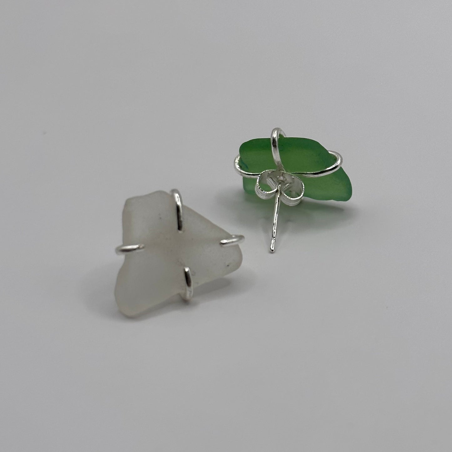 Sterling Silver Green / Clear Seaglass Studded Earrings