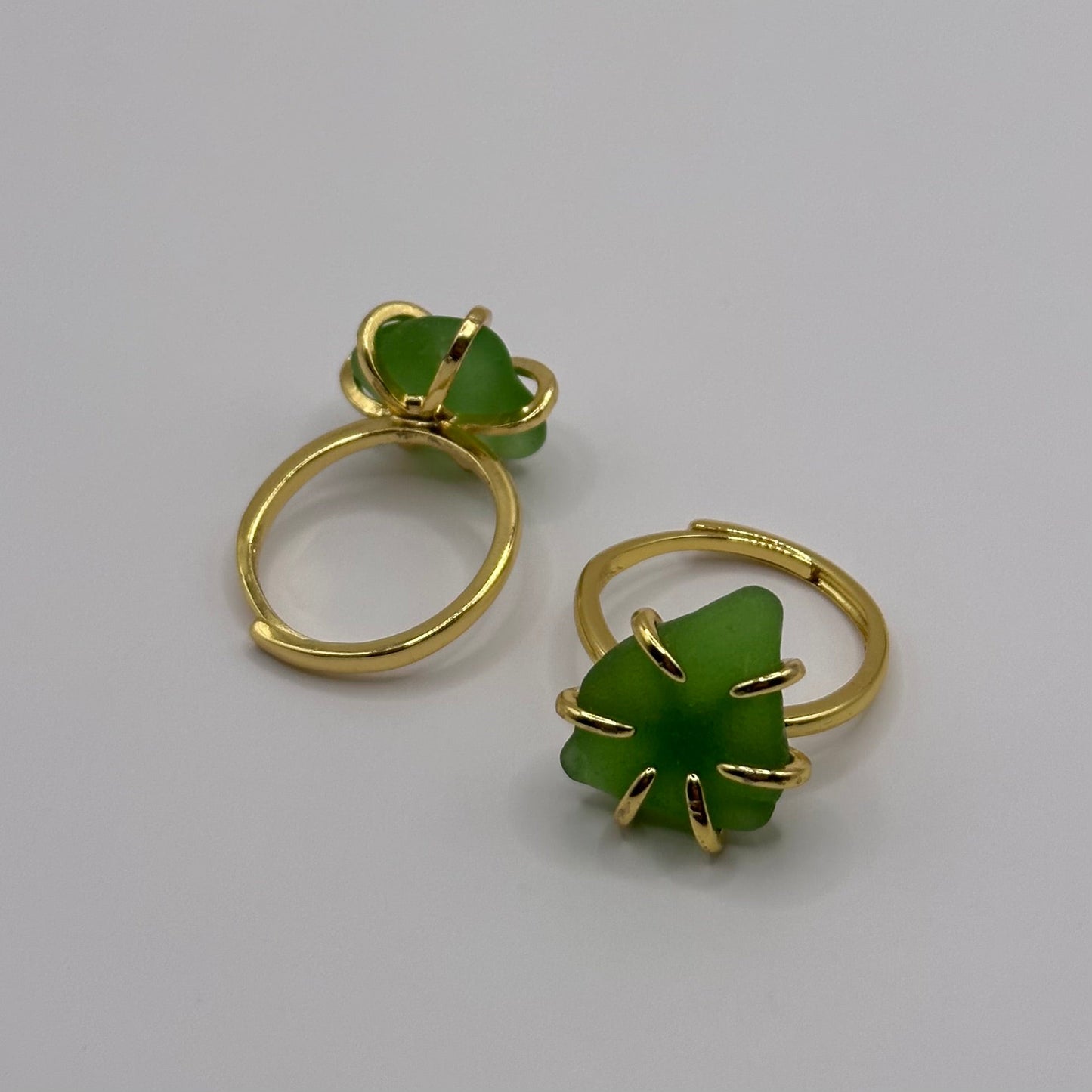 Adjustable 18K Gold Plated Green Seaglass Rings