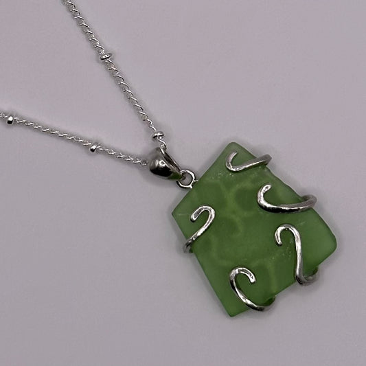 Green Seaglass on Silver Dot Link Chain Necklace with Fancy Wrap