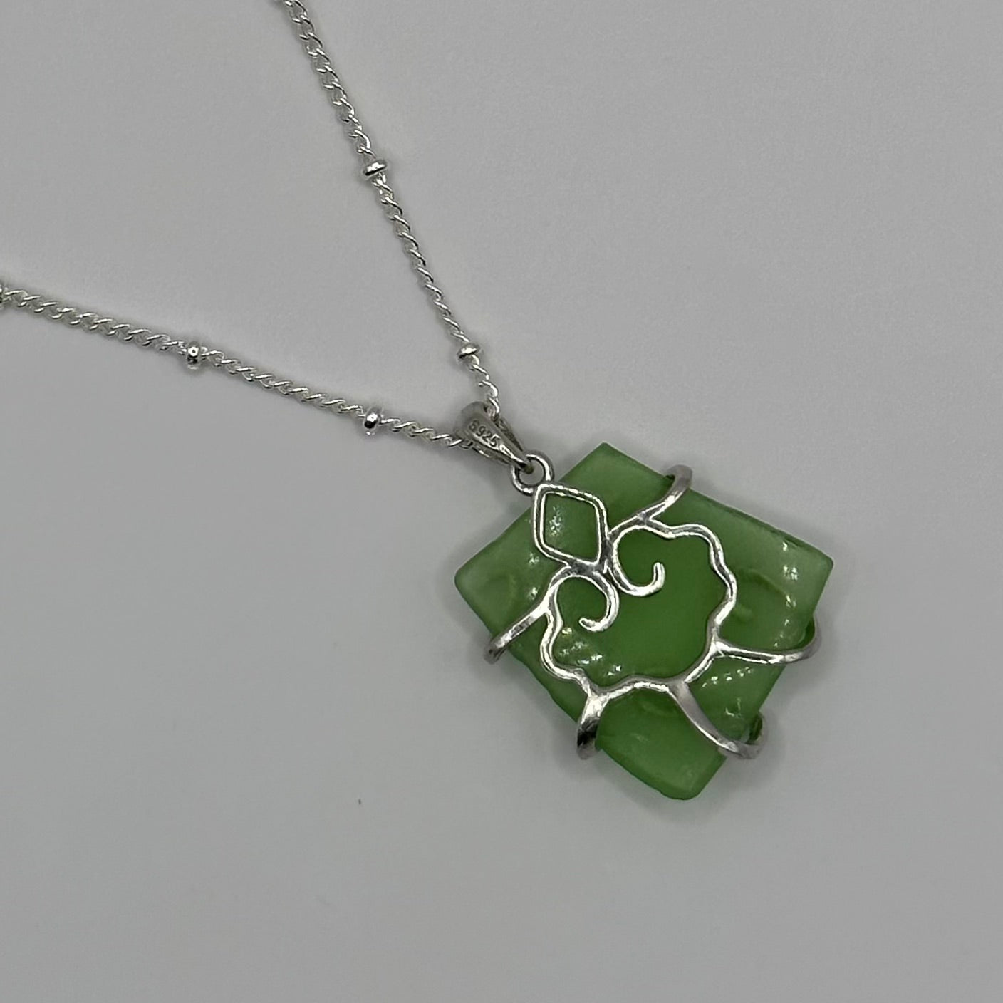 Green Seaglass on Silver Dot Link Chain Necklace with Fancy Wrap