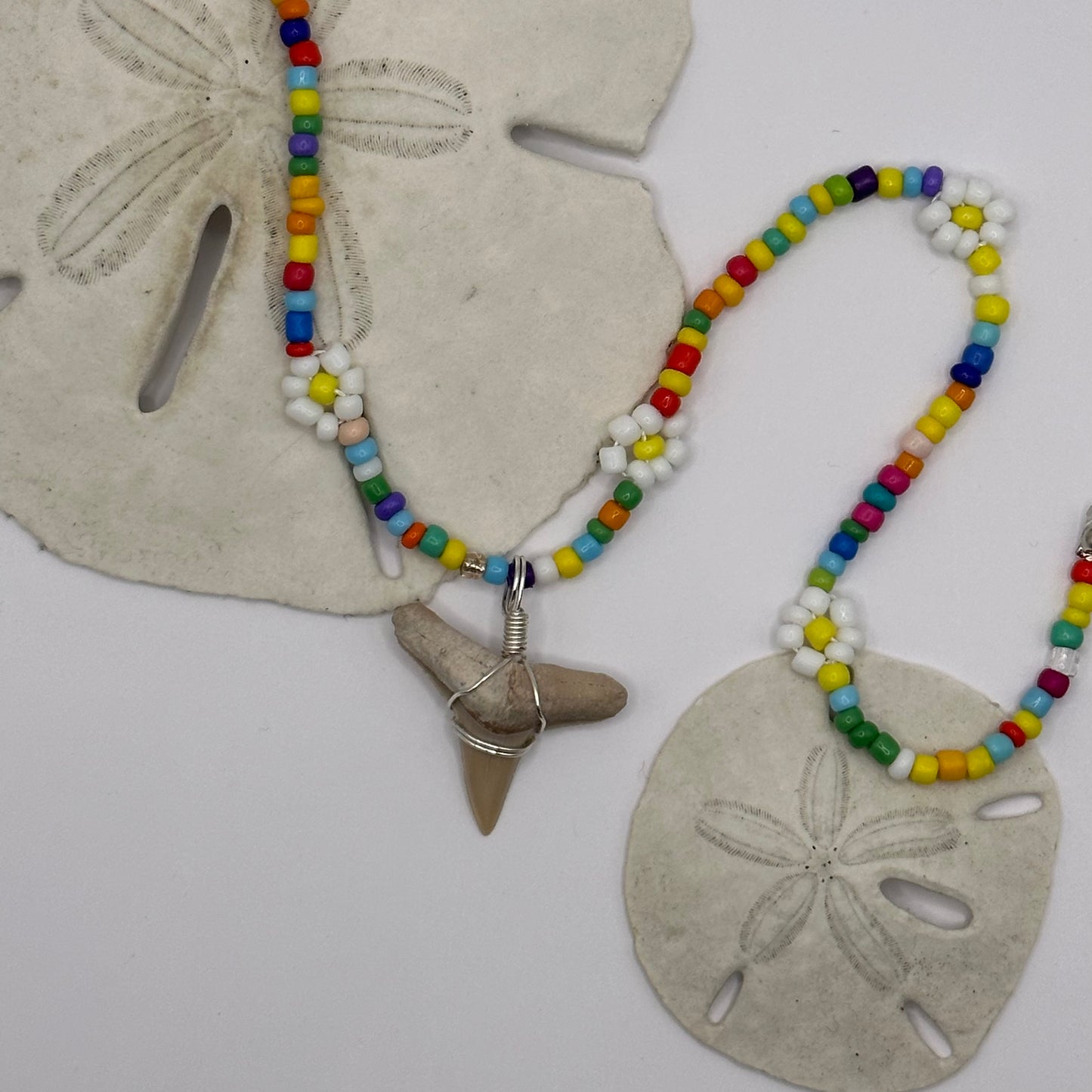 Shark Tooth on Rainbow Colorful Flower Beaded Necklace