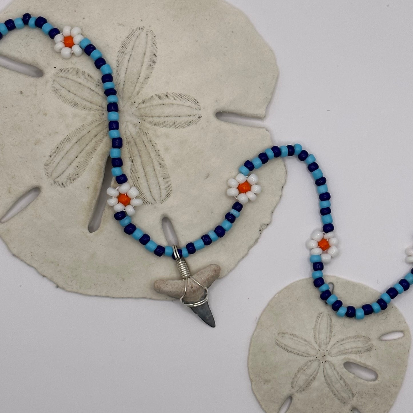 Shark Tooth on Blue Colorful Flower Beaded Necklace