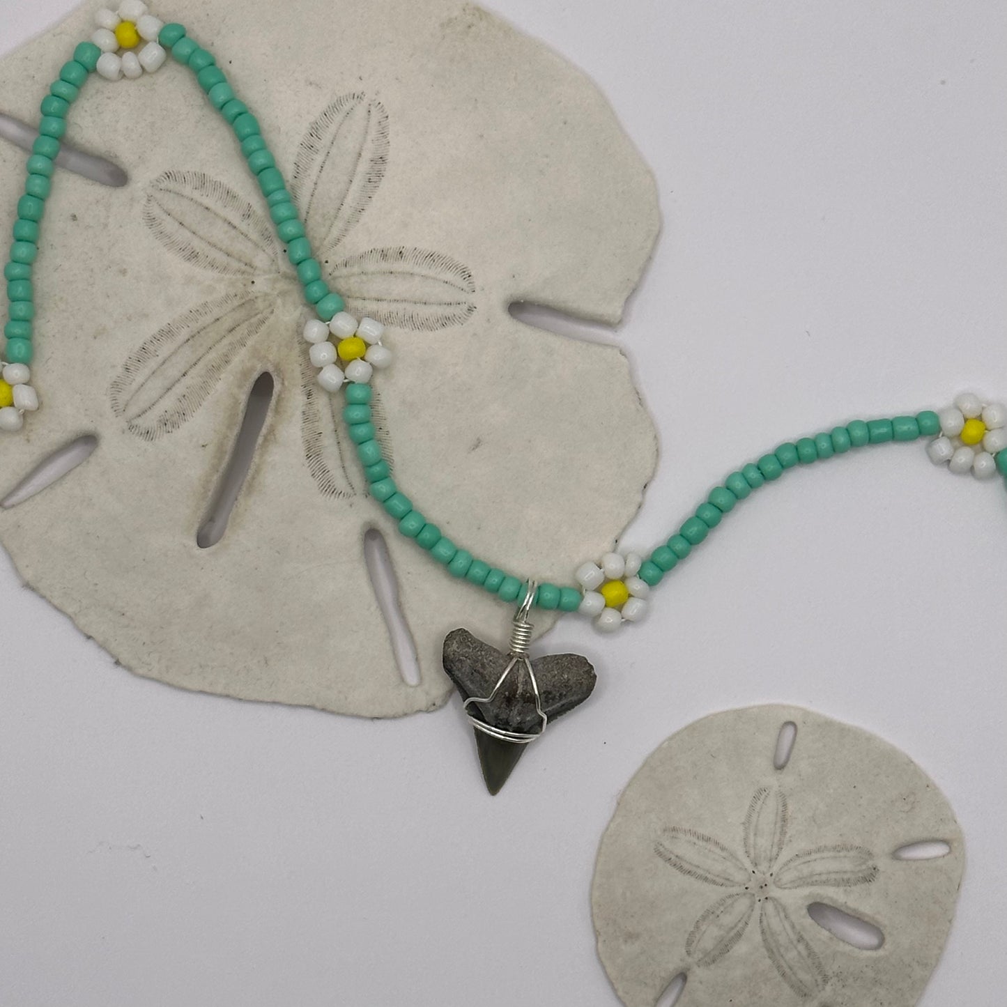 Shark Tooth on Seafoam Green Flower Beaded Necklace