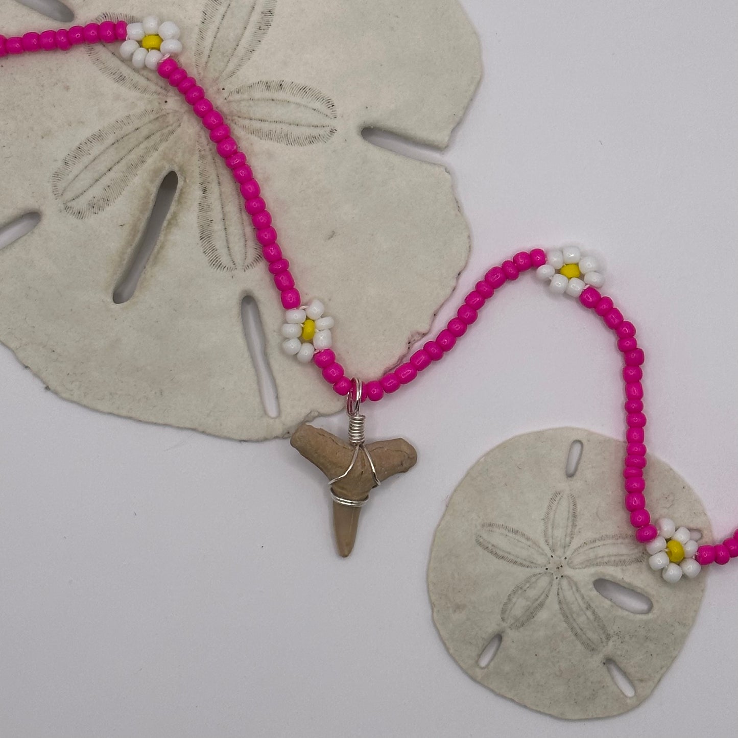 Shark Tooth on Pink Flower Beaded Necklace