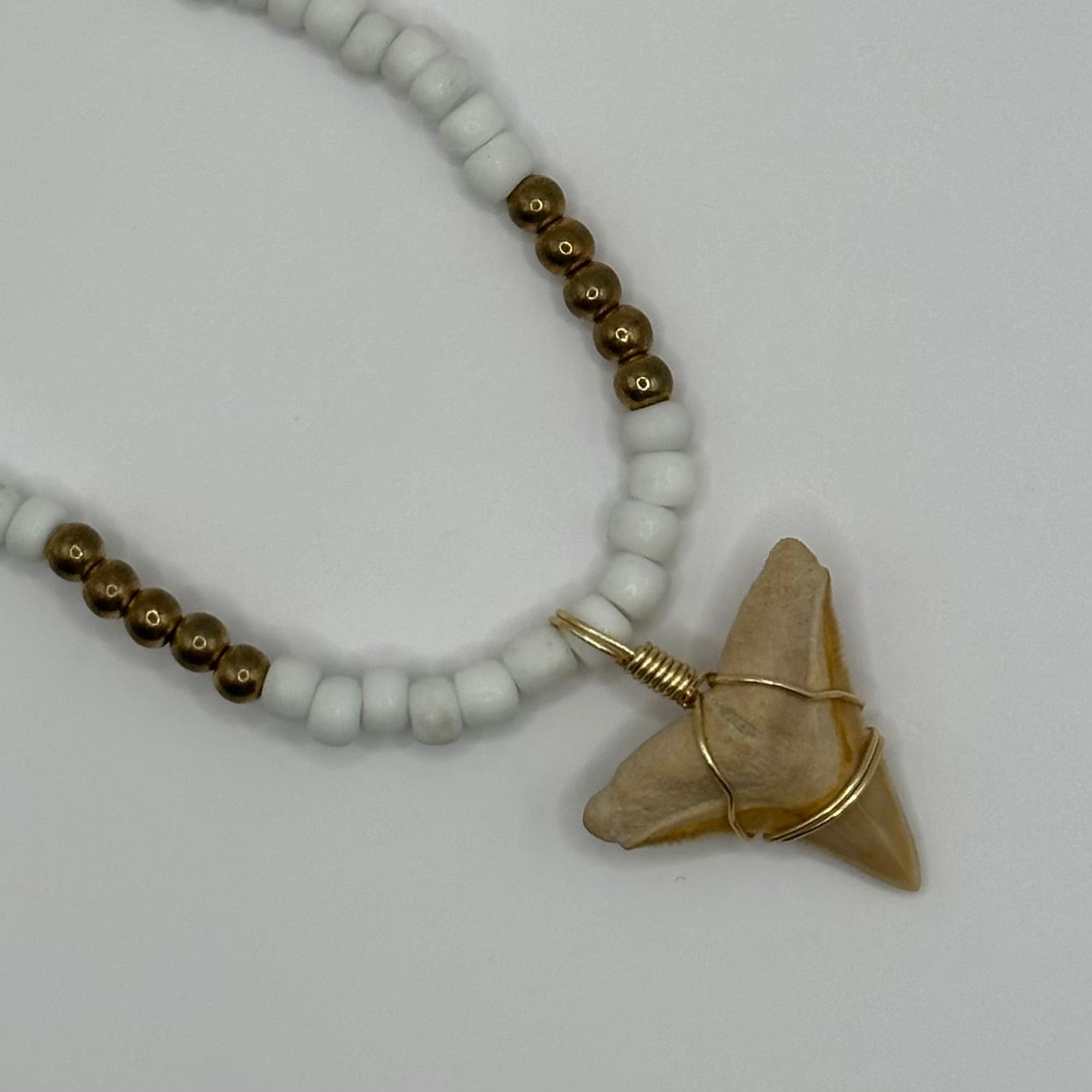 Shark Tooth on White and Gold Beaded Necklace