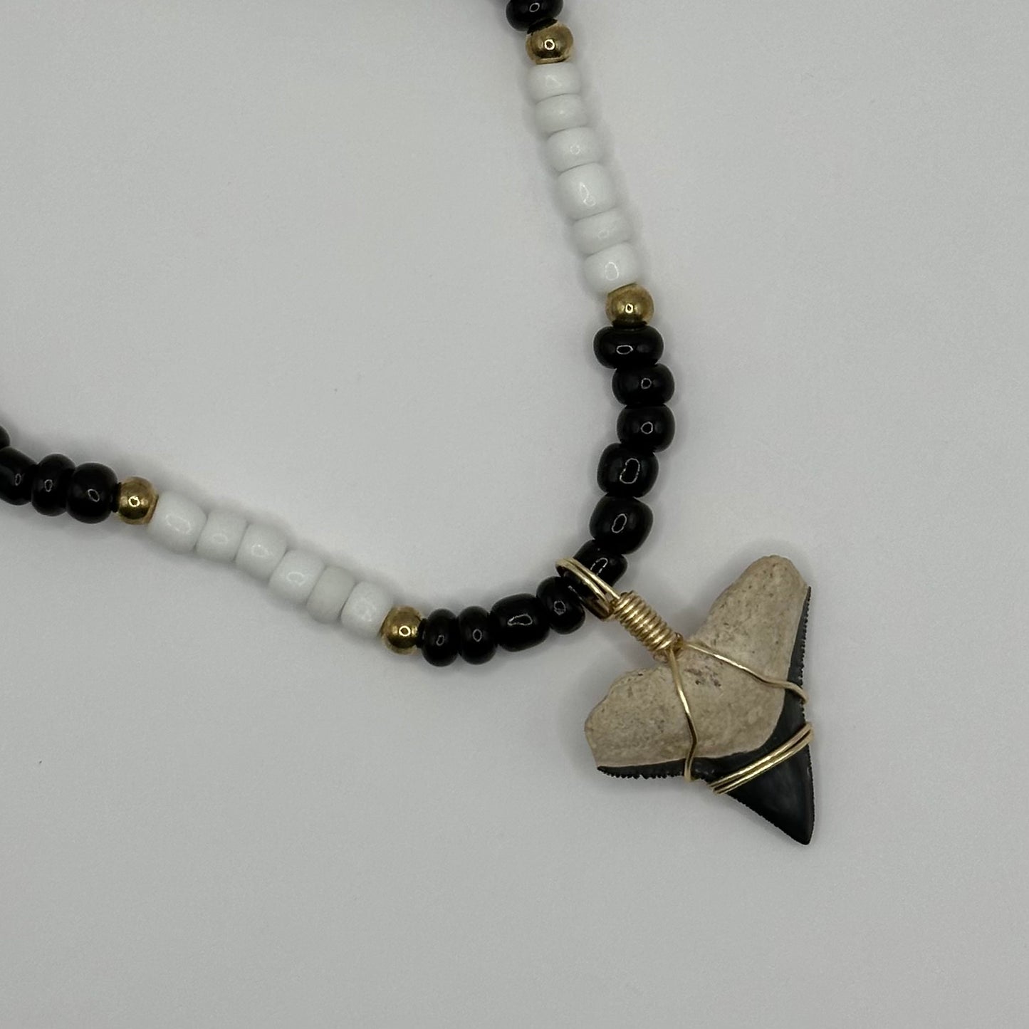 Shark Tooth on Black, White and Gold Beaded Necklace