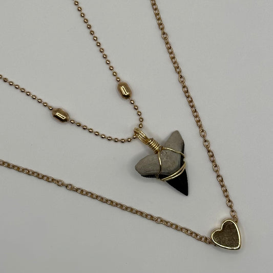 Shark Tooth on Double Chain Necklace with Heart