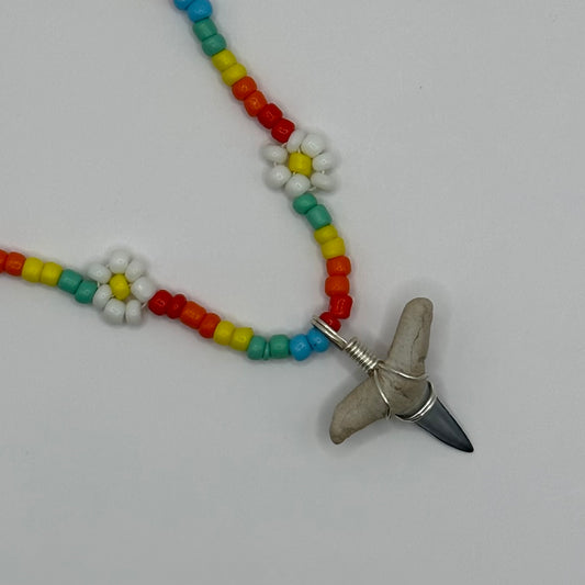 Shark Tooth on Rainbow Colorful Flower Beaded Necklace