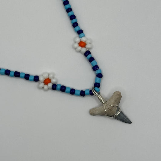 Shark Tooth on Blue Colorful Flower Beaded Necklace