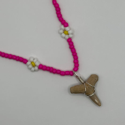 Shark Tooth on Pink Flower Beaded Necklace