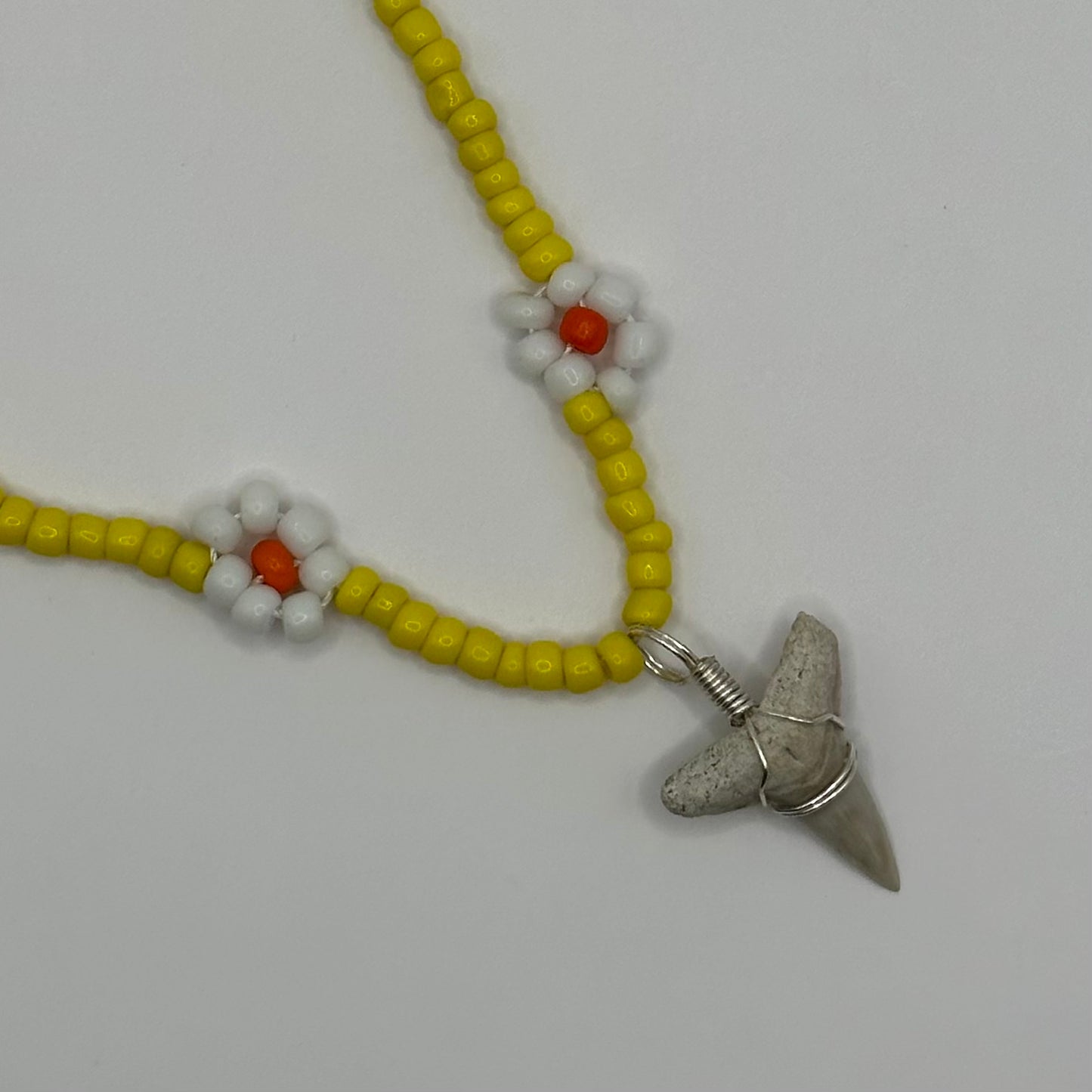 Shark Tooth on Yellow Flower Beaded Necklace