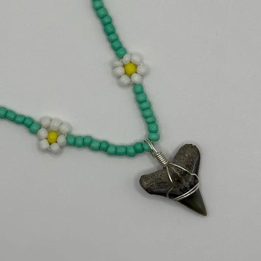 Shark Tooth on Seafoam Green Flower Beaded Necklace