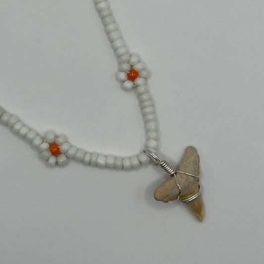 Shark Tooth on White Flower Beaded Necklace