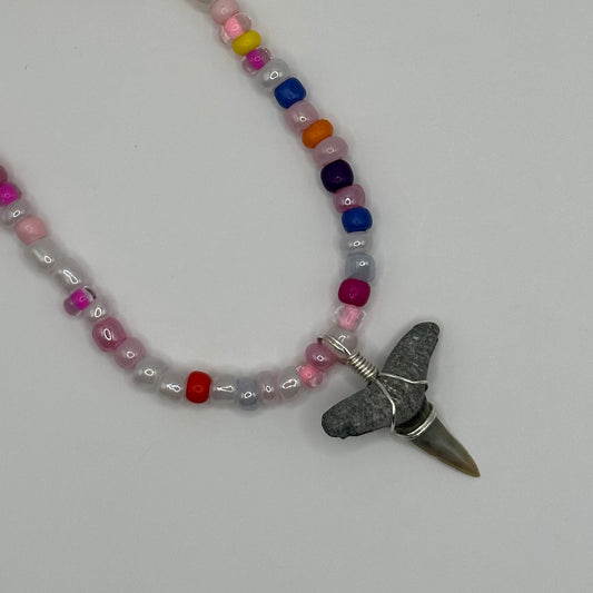 Shark Tooth on Pink Colorful Beaded Necklace