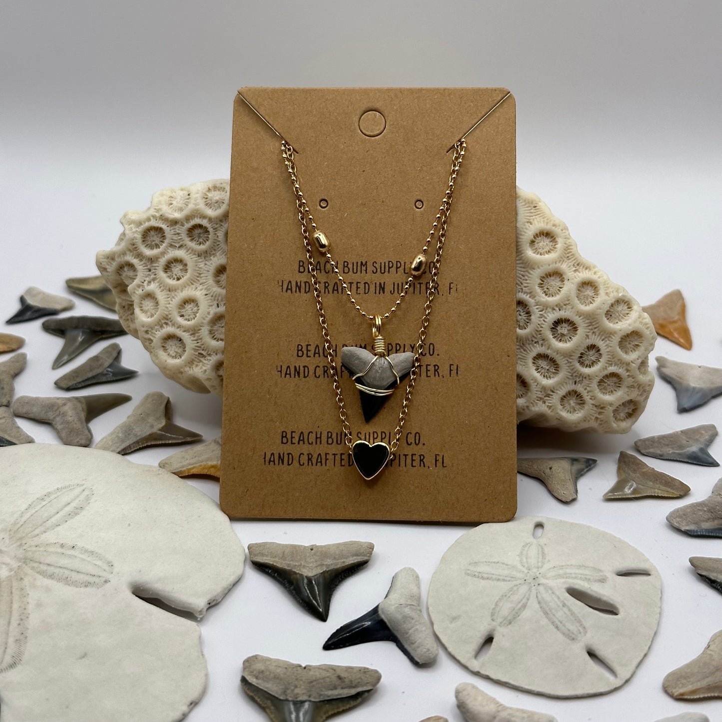 Shark Tooth on Double Chain Necklace with Heart