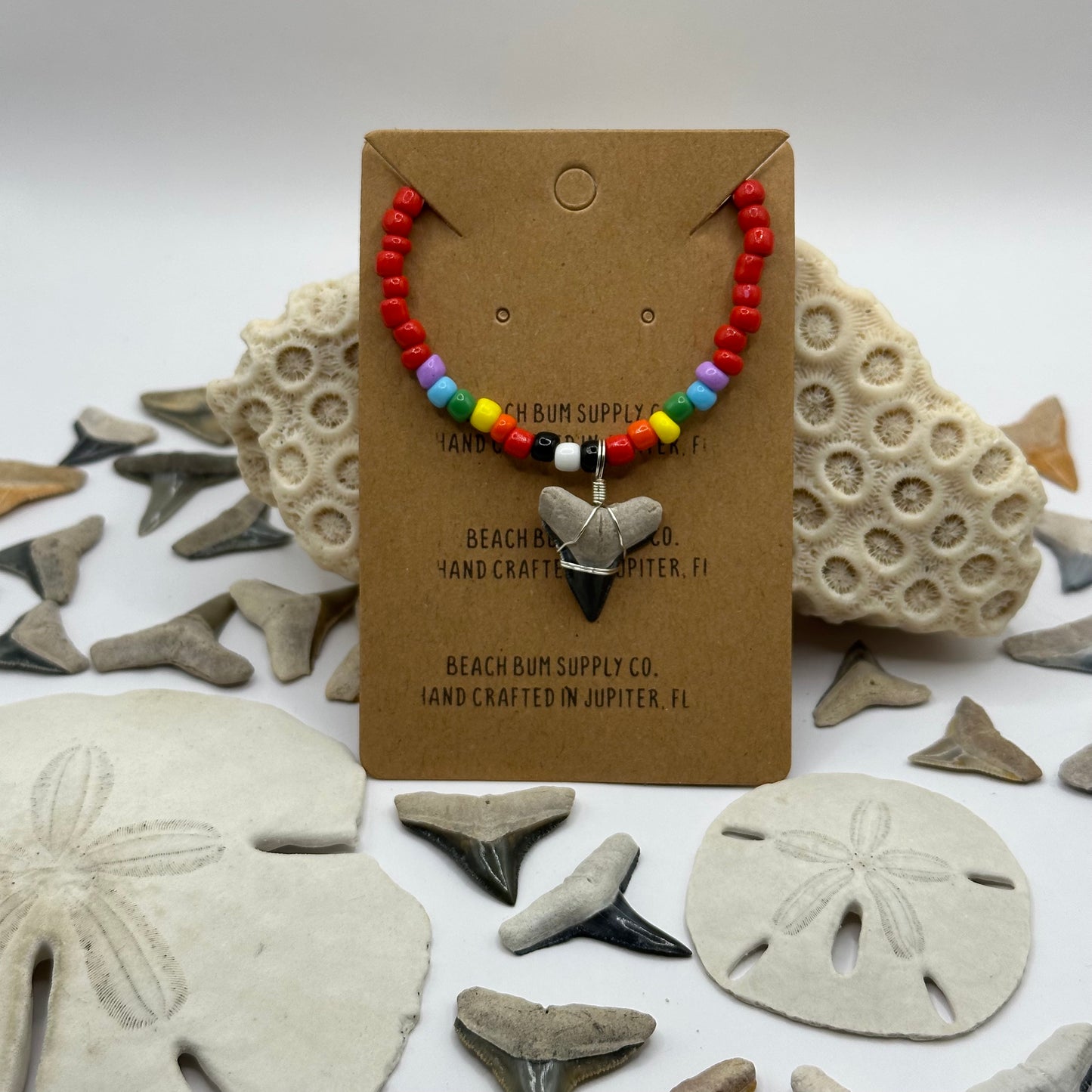 Shark Tooth on Red Colorful Beaded Necklace