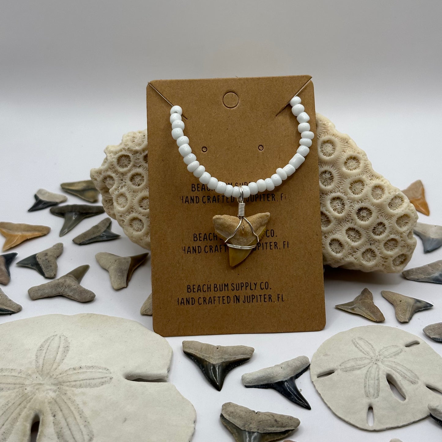 Shark Tooth on White Beaded Necklace