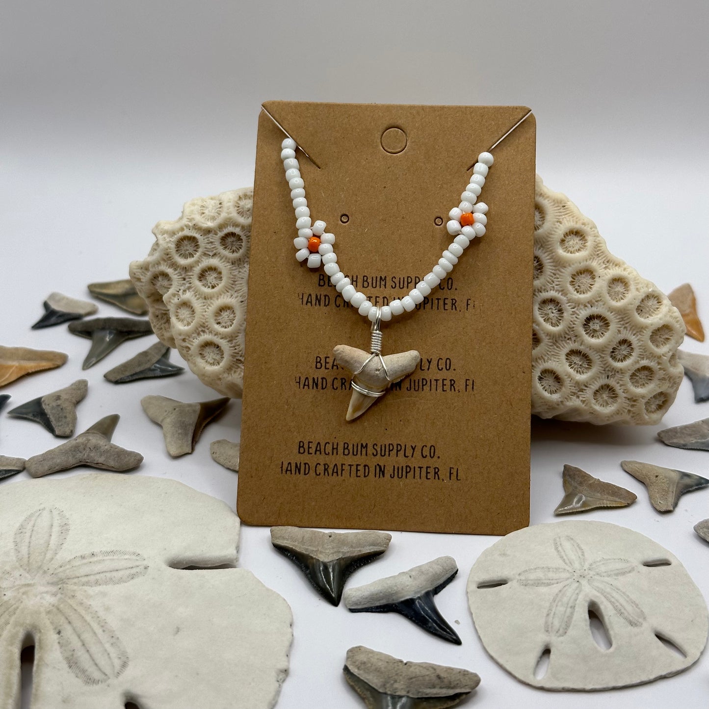 Shark Tooth on White Flower Beaded Necklace