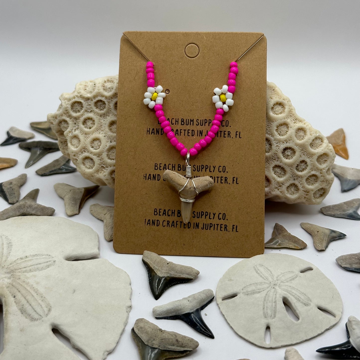 Shark Tooth on Pink Flower Beaded Necklace