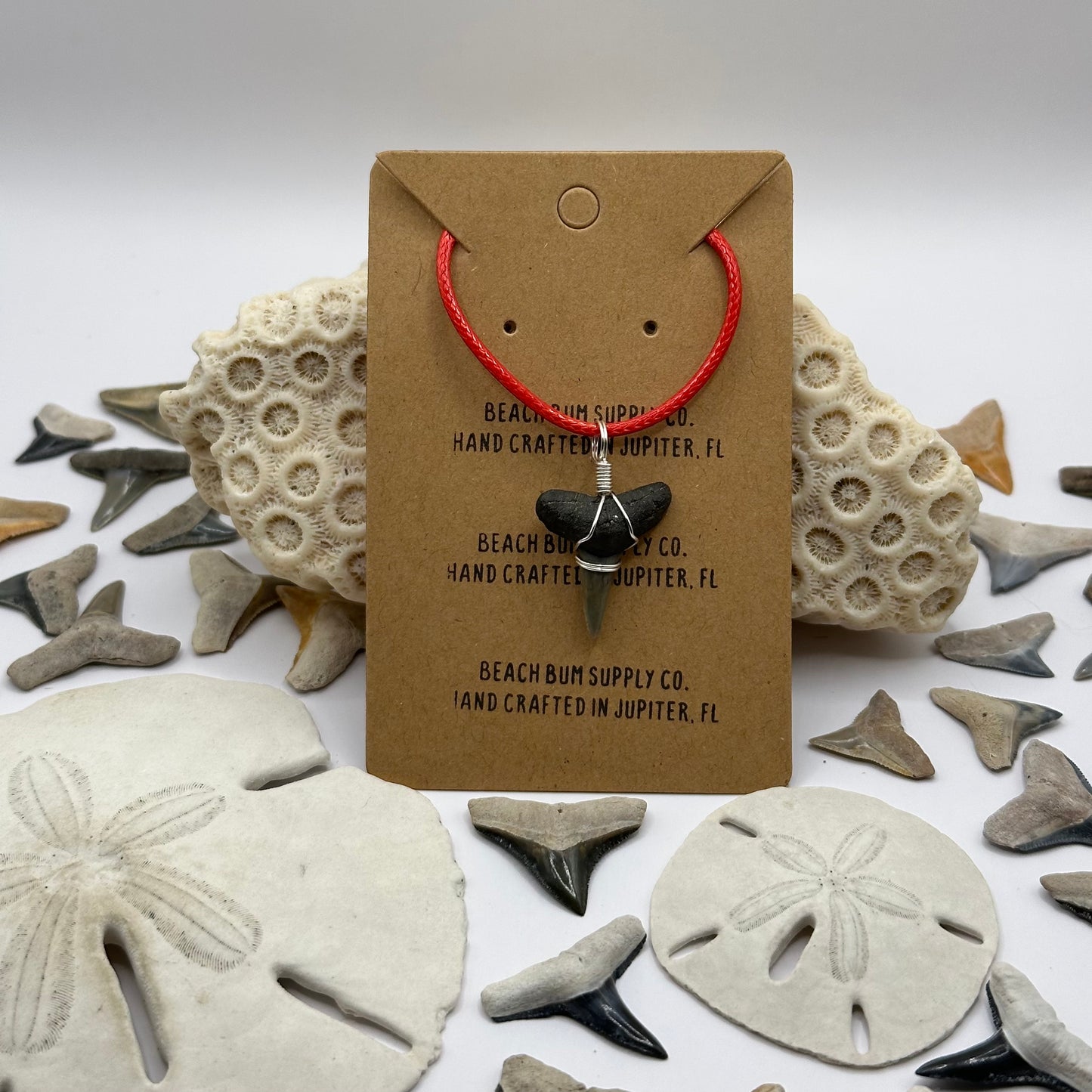 Shark Tooth on Light Red Leather Necklace