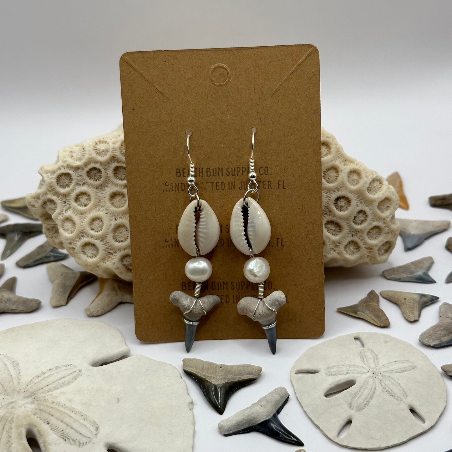 Shark Tooth, pearl, and shell Dangling Earrings