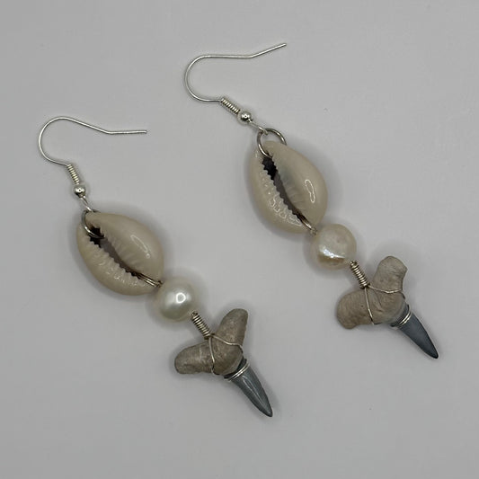 Shark Tooth, pearl, and shell Dangling Earrings